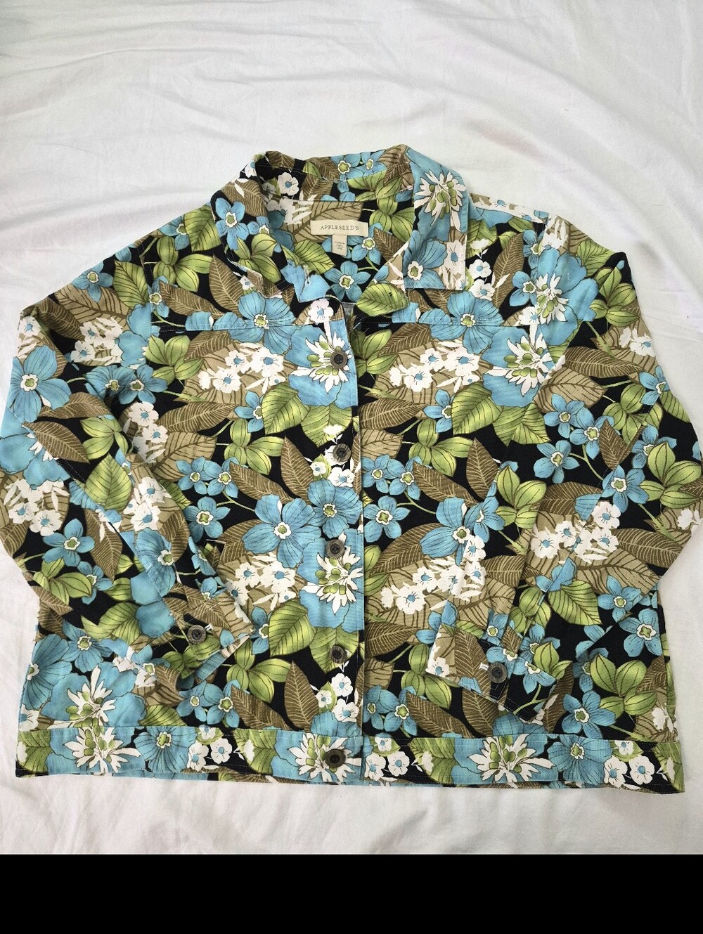 Appleseed's Floral Leaf Print Jacket Blue Green Brown Women 2X